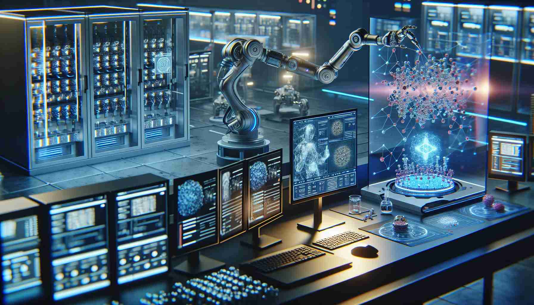 Create a high definition, realistic image of a new Artificial Intelligence strategy enhancing the process of materials discovery. The scene must signify a breakthrough in technology and science. In the picture, an AI-powered robotic arm is being utilized to automate and optimize materials testing. Furthermore, the scene illustrates advanced computer servers running complex algorithms along with an interactive holographic display showcasing granular details of the material being analyzed. The environment should portray a high-tech lab with modern equipment, futuristic lighting, and an air of innovation and forward-thinking.