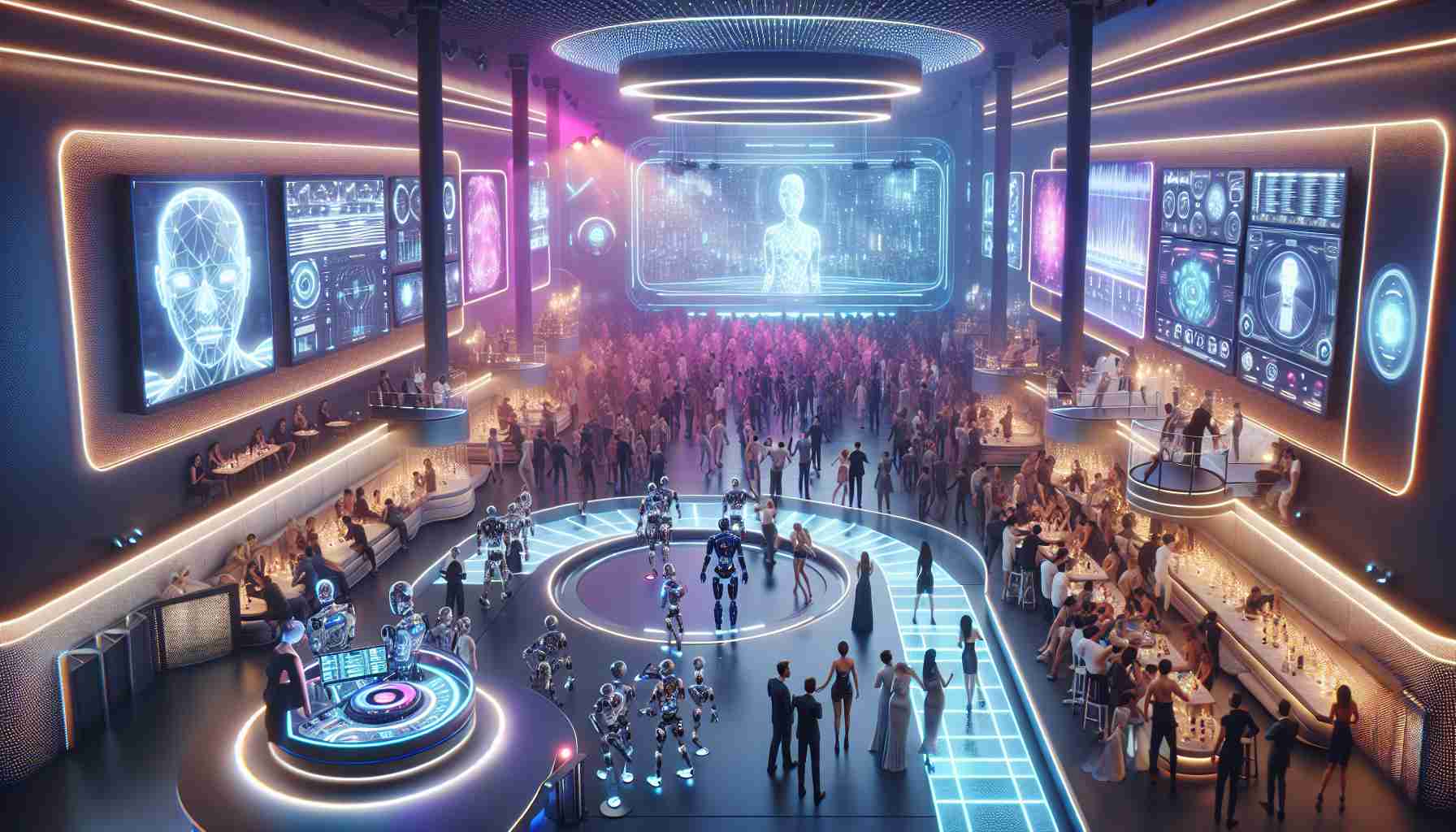 Realistic HD rendering of a futuristic nightclub scene illustrating the intersection of artificial intelligence and entertainment. The setting includes a dance floor lit with glowing neon lights, and an AI-driven DJ console operating autonomously. The crowd is diverse, consisting of people from different descents like Caucasian, Hispanic, Middle-Eastern, South Asian etc., and genders, all engrossed in the music and the multi-sensory, technologically-advanced atmosphere. Various AI robots cater to guests, serving drinks and managing security. Advanced holographic displays and digital art installations add to the air of an entertainment revolution.