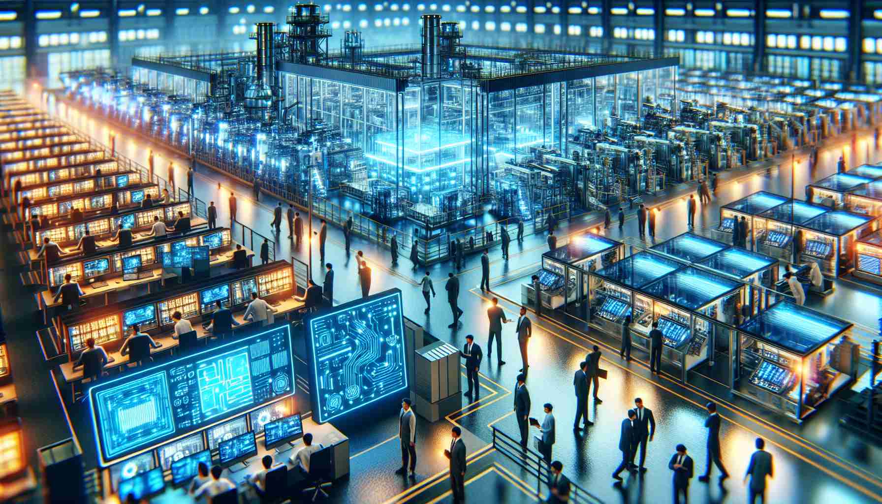 Depict a high definition, realistic image showcasing the thriving state of a fictional modern semiconductor manufacturing company during an era of advanced technology. Showcase futuristic machinery, advanced manufacturing units with a vibrant working environment filled with multiracial employees engaged in inspecting machines, conducting meetings, and analyzing data on high-tech devices. Incorporate an aura of innovation, progress, and industry success.