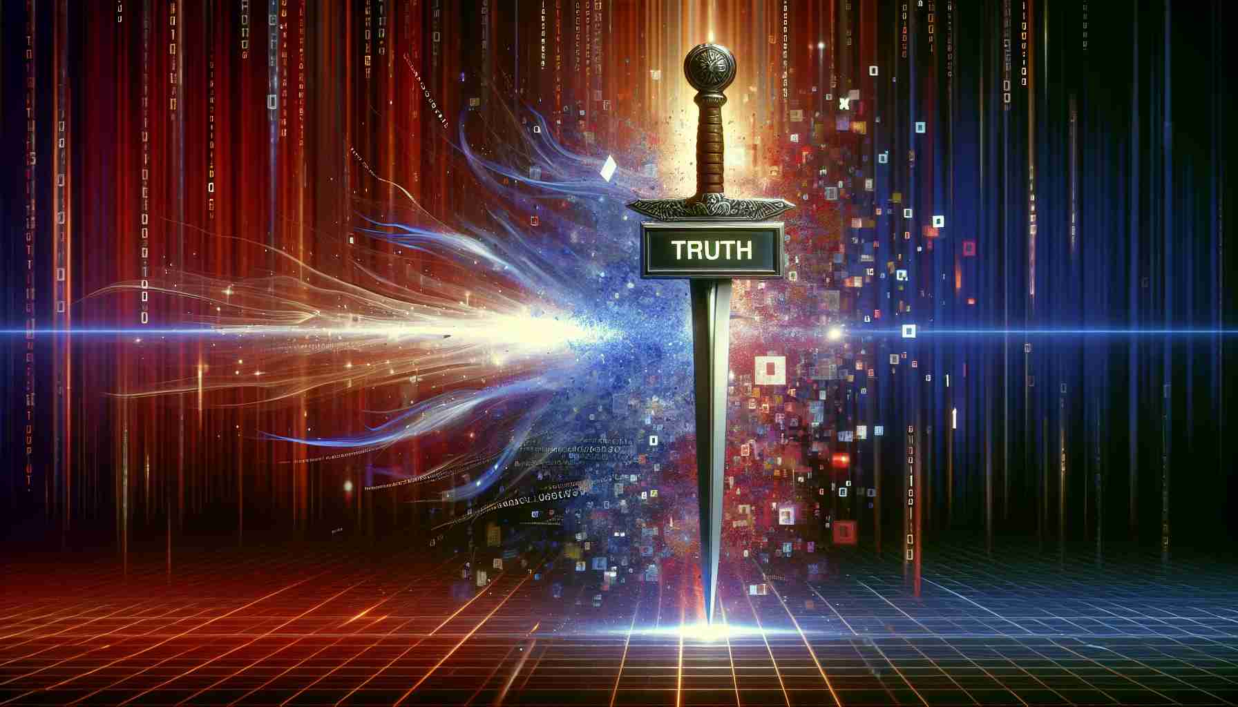 An ultra-high definition, realistic depiction of the metaphorical concept of revolutionizing the fight against inauthentic content. The image can display a sword labelled 'Truth' slicing through waves of corrupted data, perhaps represented by distorted texts or manipulated images. The backdrop may include a whoosh of brilliant light, symbolizing the incoming change in the paradigm of digital media, shedding light on the shadows of false content. Let's add motifs of computer code, software, artificial intelligence to highlight the technological aspects of this battle.