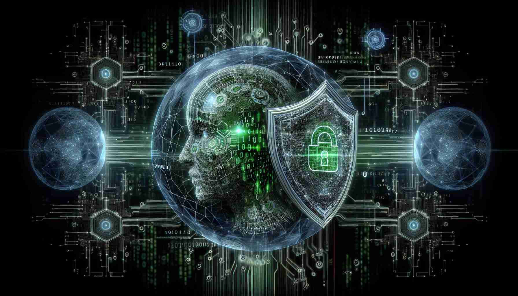 A highly detailed and realistic image to portray the concept of generative AI revolutionizing cybersecurity strategies. It should involve elements like intricate circuits, complex binary codes, and a 3D digital AI model emanating a protective shield, symbolizing enhanced security. The background could be filled with multiple interconnected nodes representing global cybersecurity networks. The color scheme should mainly be digital green and deep black. Please avoid any stereotypical representation of any racial or ethnic group.