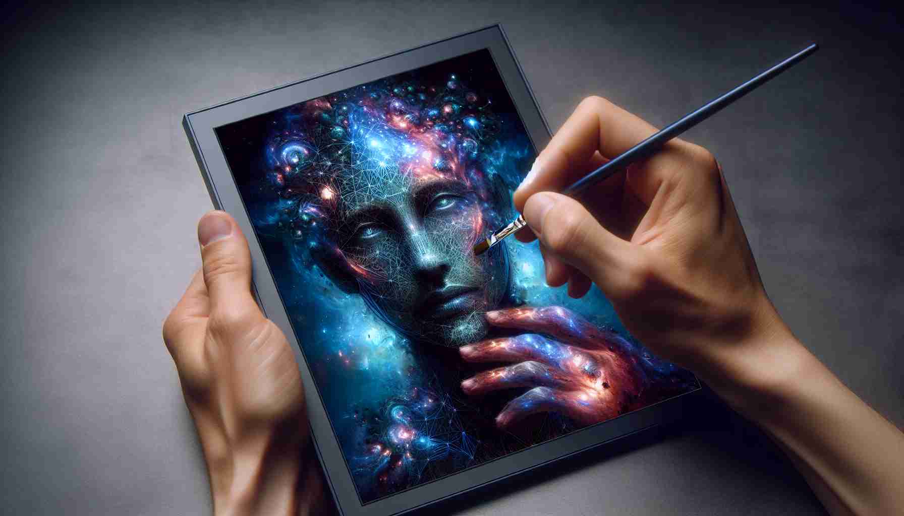 Create a realistic, high definition digital image that transforms a stock photo into a masterpiece using features of an advanced, artificial intelligence-powered portrait studio, resembling the technology you might find in cutting-edge galaxy exploration software.