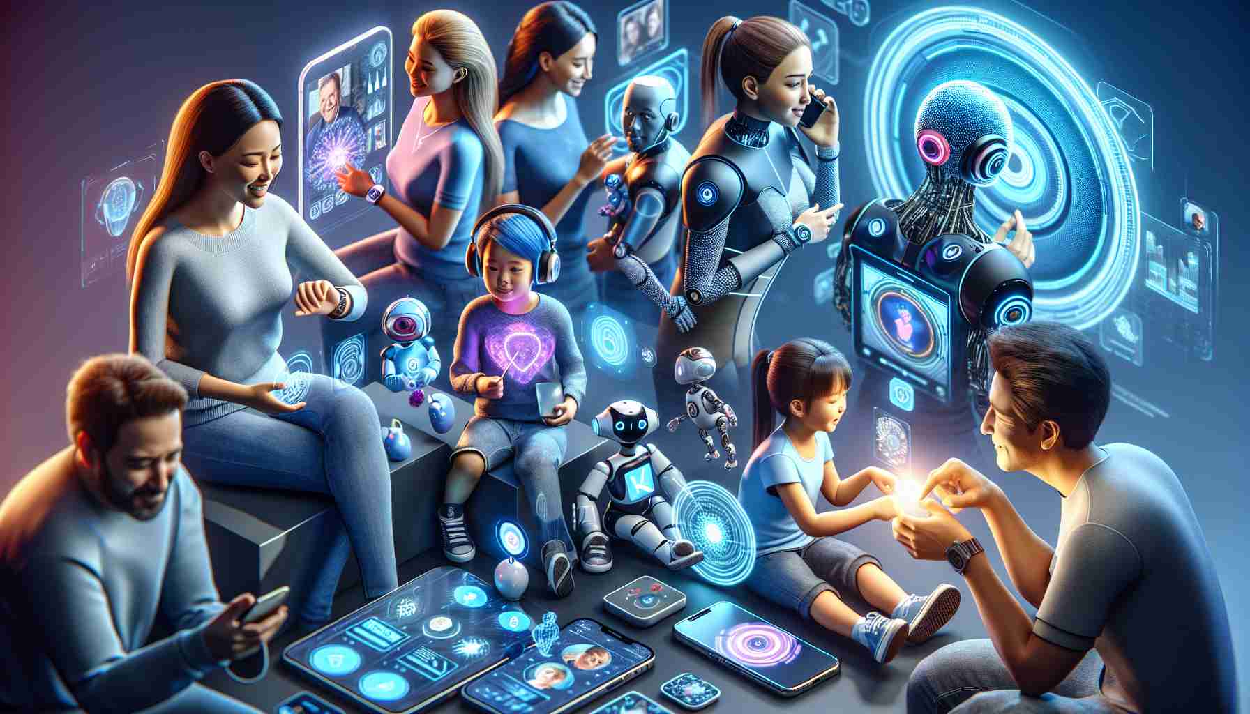 A highly detailed, realistic scene showing the concept of the rise of virtual companions. A diverse group of people, each interacting with their artificial intelligence devices - a South Asian female interacting with her advanced smart-watch, a Caucasian male talking to his home AI assistant, a Middle Eastern child playing with an AI-powered robot pet, and an African woman on a video call with her AI-financial advisor. The technology is portrayed with sleek, futuristic designs, glowing LED interfaces, and holographic displays, embodying the cutting-edge advancements.