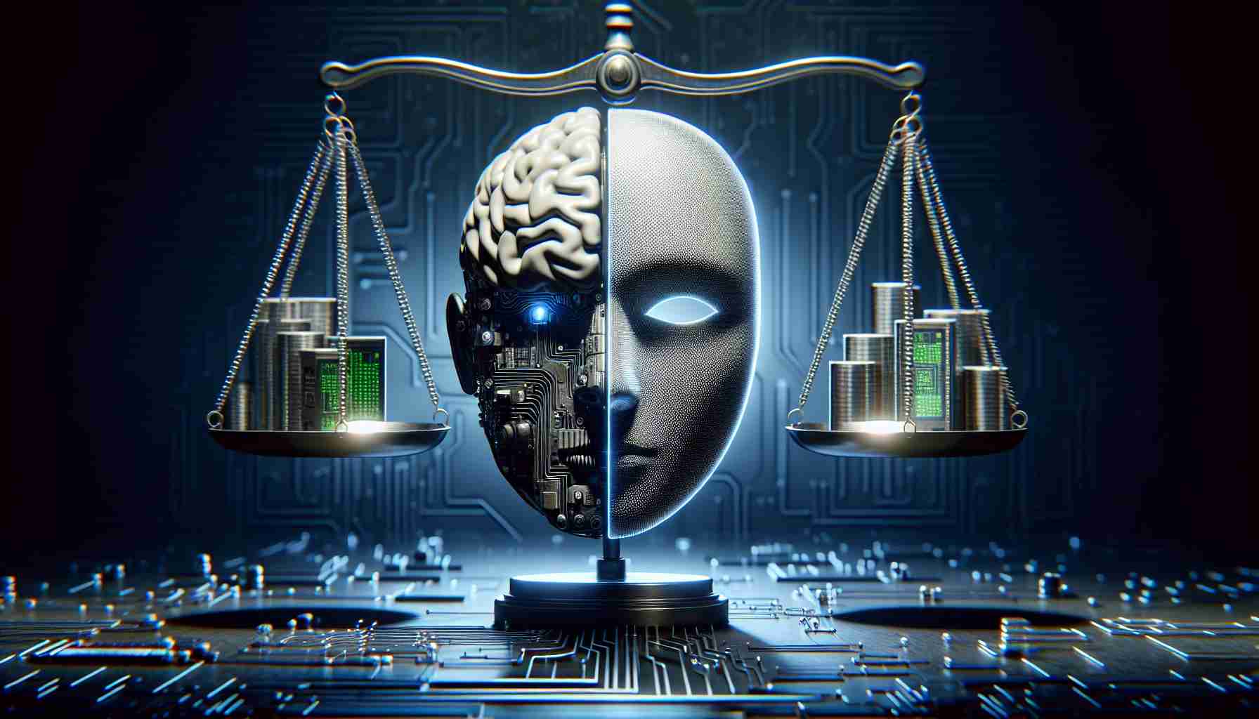 High-definition, ultra-realistic image showing the symbolic representation of the ethical implications of artificial intelligence deception. Visualize a 3D model of a brain with electronic circuits, shadowed by a half-illuminated, half-dark mask implying deception. Place a pair of scales tipping in the background symbolizing the ethical balance, and a question mark looming overhead. Build a futuristic tech aesthetic, featuring cool-toned lighting and sleek metallic surfaces.