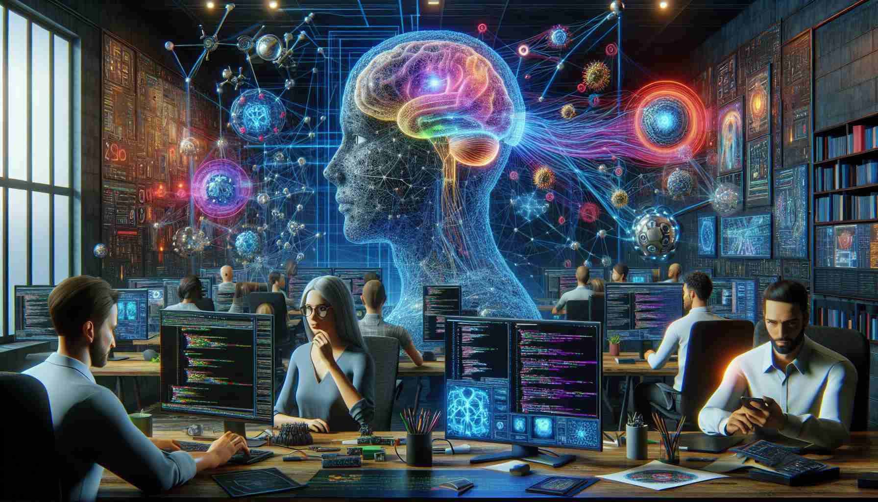 A high-definition realistic depiction showing the influence of artificial intelligence on modern video game development. Picture a vibrant workspace with multiple screens displaying complex programming code, state-of-the-art graphics, and game characters reacting intelligently to stimuli. The dominating aspect is a diverse team of game developers, one a Caucasian woman and another a Middle-Eastern man, immersed in their work, demonstrating a fusion of creative storytelling and advanced technology. A 3D model of a brain symbolizes the AI aspect, with interconnecting nodes and lines signifying intelligence networks.