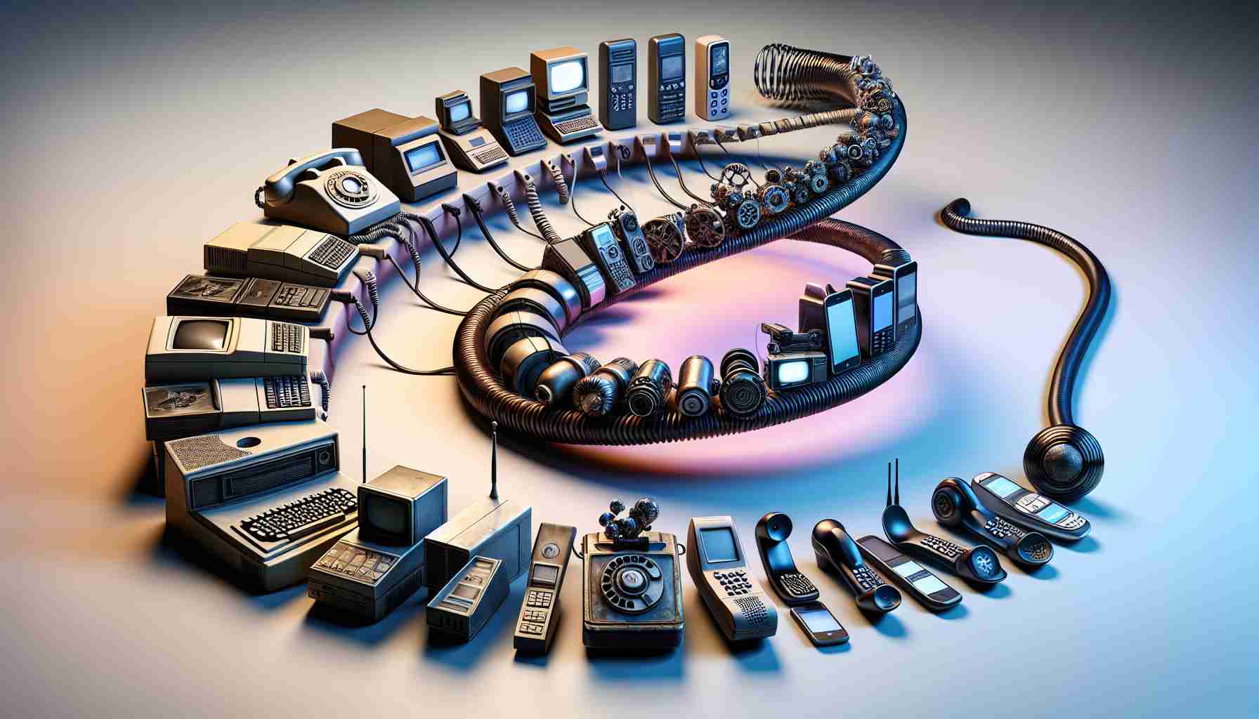 A highly detailed and realistic image showcasing the evolution of technology in the modern era. This should encapsulate multiple stages, from the early days marked by bulky computers and rotary phones, to the rise of portable devices, and then to the era of smart devices and cloud computing. The transition between these stages should be clearly delineated and each stage should be distinct while flowing naturally into the next. Capturing the rapid pace and transformative nature of technological evolution is key.