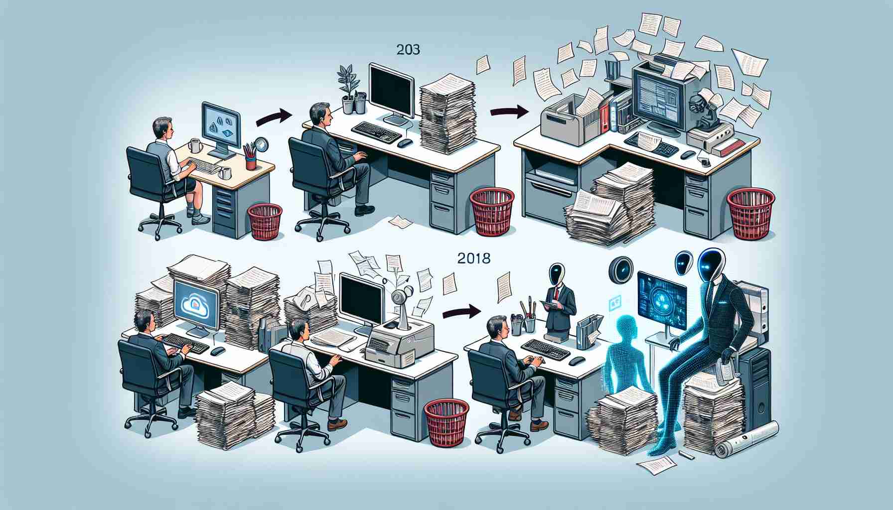 Illustrate a sequence displaying the evolution of AI assistants in transforming work environments. Initiate with a quaint office showing a worker sitting in front of a bulky desktop computer with piles of paperwork all around. Then, visually represent progress with a transition to laptops and smaller gadgets, showing a clear reduction in paperwork. The final stage should consist of a futuristic office space with advance AI systems, holographic displays and workers interacting with invisible AI assistants. The main focus of the illustration should be the continuous upgrade and change in the work environment, due to technological advancements. Please lend a realistic, HD quality to the illustration.