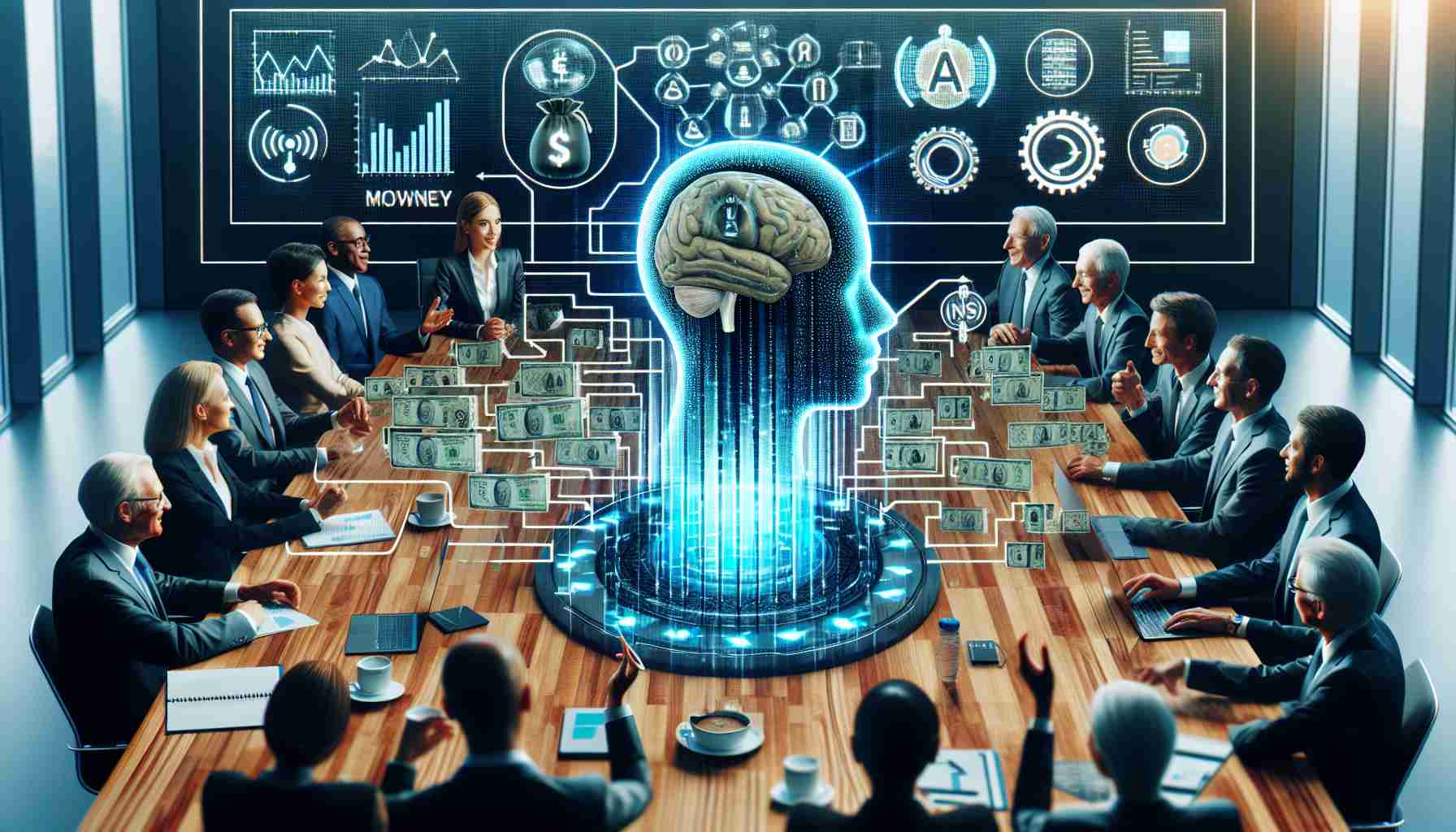 High definition, realistic image of the key moments from a technology company's earnings call that underscore significant investment in artificial intelligence. The scene includes various visuals such as logos of the company and AI, illustrations of money influx, growth charts, and enthusiastic board members discussing the plans.