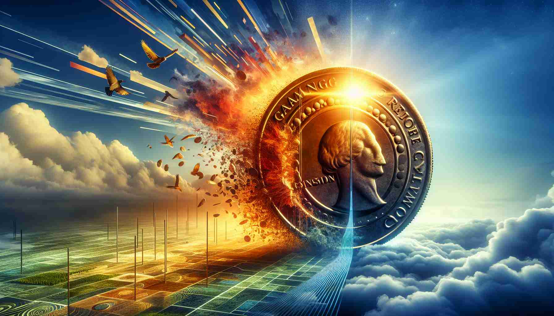 An ultra high-definition, realistic image portraying the abstract concept of a 'game changing quarter'. The scene depicts a metaphorical rising sun, signifying 'The Rise', positioned over an intricate 3D model of a quarter coin. This monumental moment is implied through the sweeping changes in the environment: the shadows shifting, the birds taking flight, and the morning dew evaporating. All elements are set against a dynamic, vibrant sky, capturing the essence of transformation.