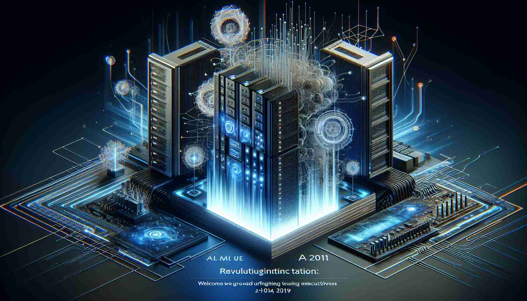 High definition image showcasing the concept of revolutionizing artificial intelligence infrastructure. An abstract representation of high-tech servers and hardware to illustrate upgraded and innovative AI structures. On the side, an invitation welcoming fictitious executives and partners to celebrate the forward-thrusting advancements in the world of technology.