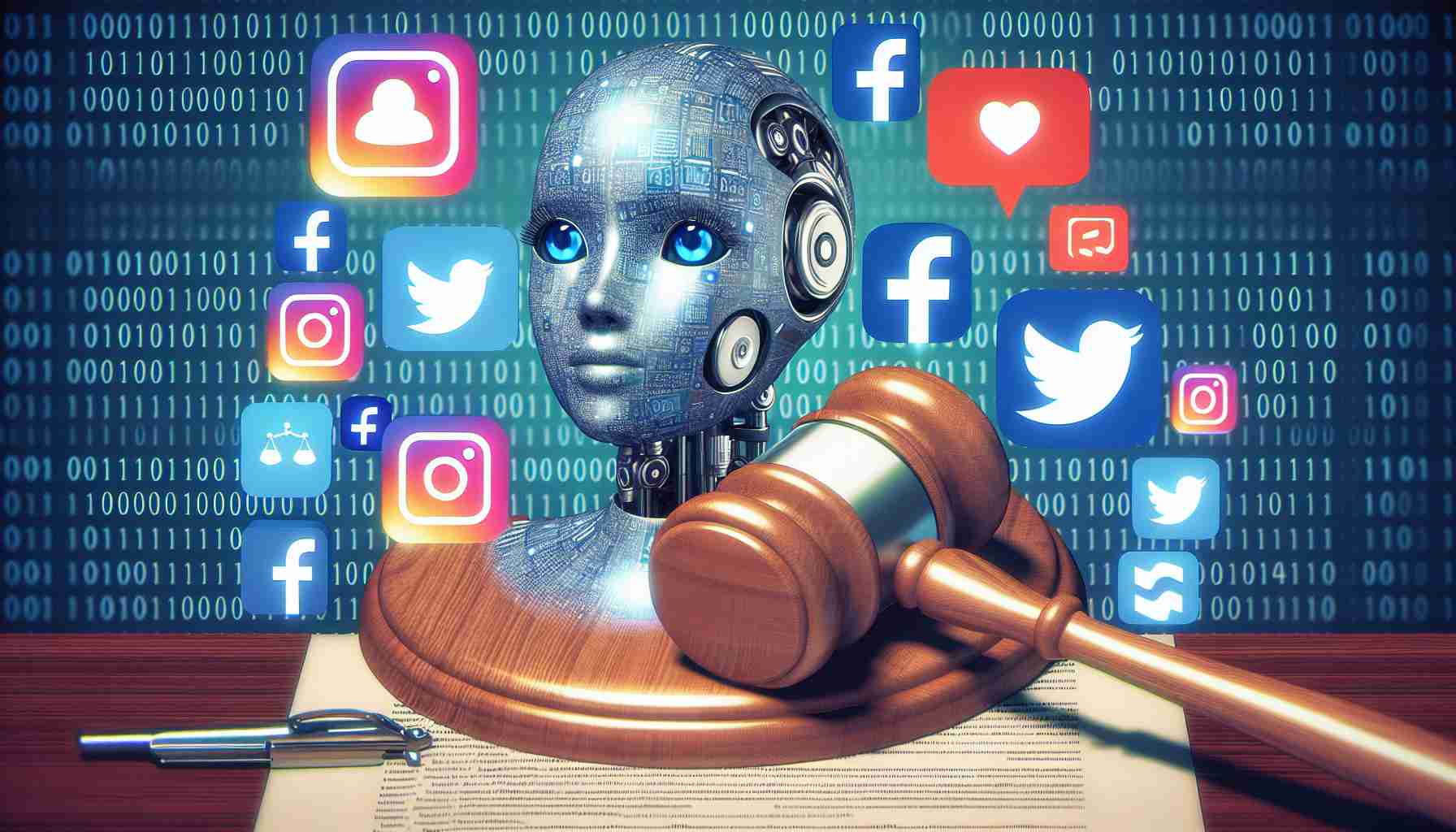 Generate a High Definition realistic image representing the concept of new rules being set for AI chatbots operating on social media platforms. The image could contain a physical representation of AI such as a symbolic robot, a selection of identifiable social media app logos, and perhaps a gavel or legal document, symbolising the regulation. Please avoid any specific real individuals.