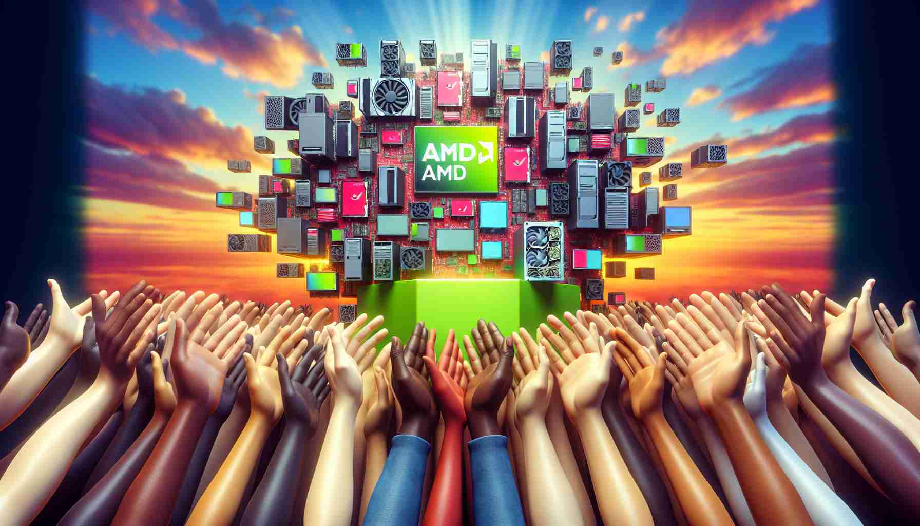 Create a hyper-realistic high definition image that symbolizes AMD's commitment towards diversity and inclusion yielding positive results. Let this image portray a wide range of computer hardware with various AMD logos on them, upheld by multiple hands of varying skin tones against a bright, hopeful backdrop. The scene should generate feelings of unity, diversity, and the impactful progress of technology.