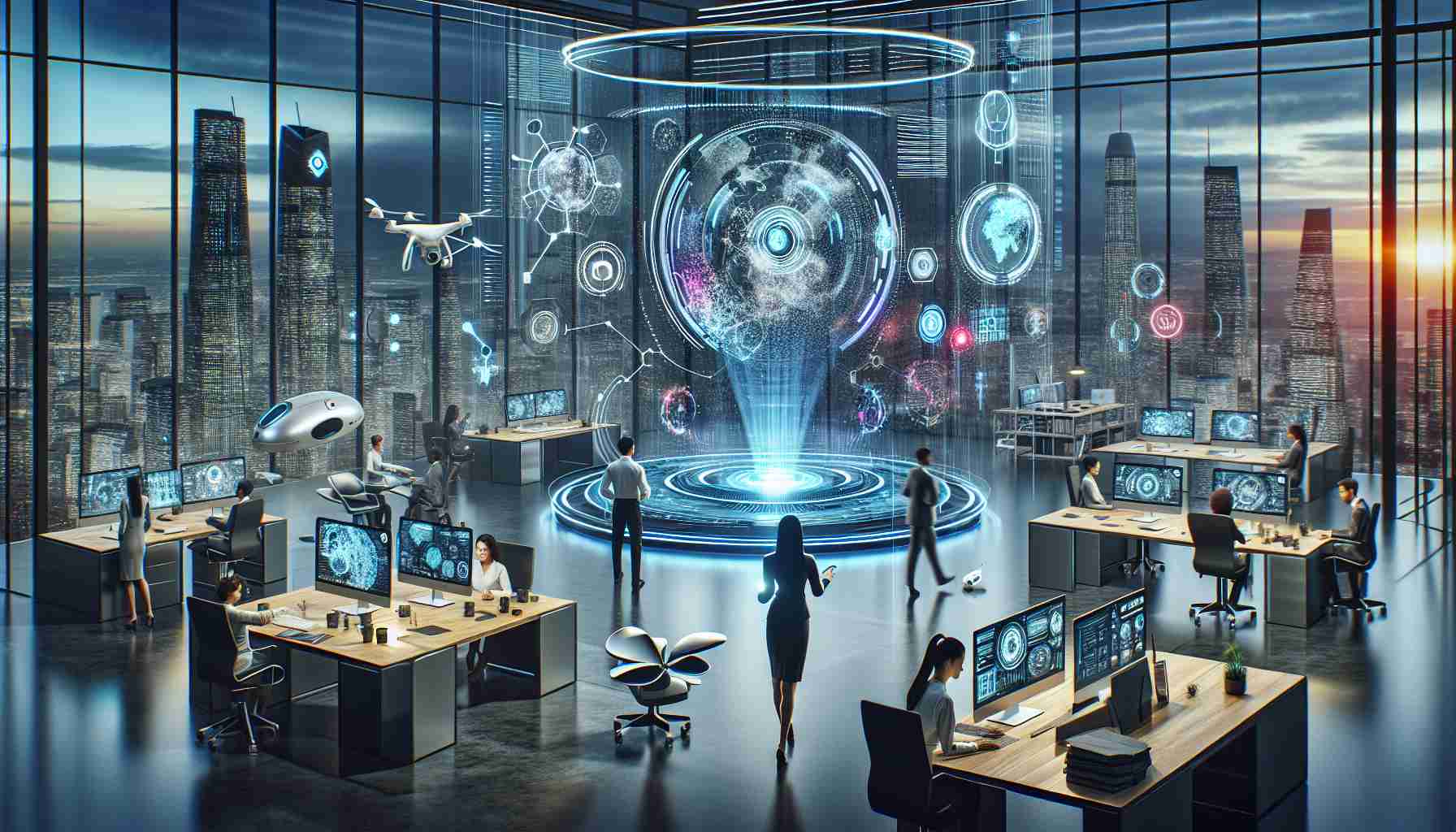 A high definition, realistic image illustrating the concept of 'Revolutionizing Work Processes: AI Integration in the Corporate Sphere'. The scene includes a large, sleek, and modern corporate office space with diverse personnel: an East Asian female working on a large holographic screen, a Caucasian male interacting with a 3D projection of complex data, and a Black female using a futuristic AI device for communication. The office is filled with state-of-the-art technology such as autonomous drones, smart desks, and AI-powered computer systems. All these elements symbolize the integration of AI in the work process.