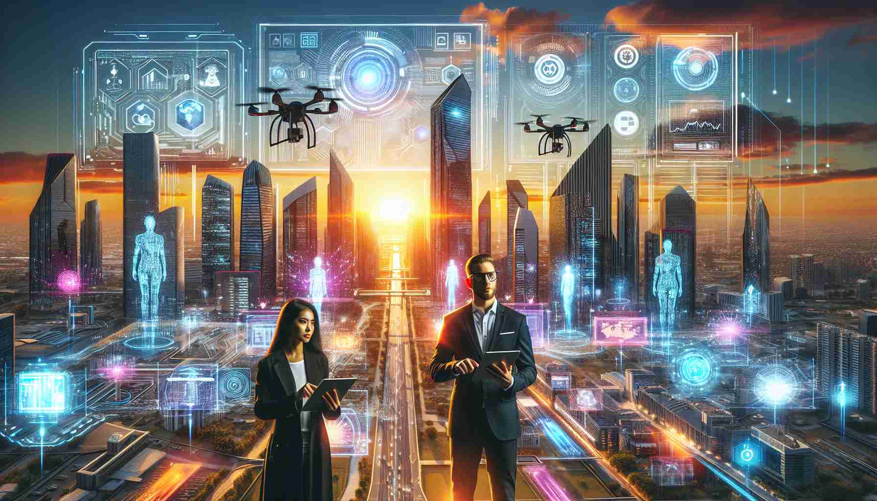 High definition image depicting the concept of revolutionizing the technology industry through innovation. Features a high-tech futuristic cityscape at sunset, with skyscrapers equipped with bright digital screens showcasing trending tech news and advancements. Hovering drones are seen around the city symbolizing automation and AI technology. Key figures, a South Asian woman and a Hispanic man are in the foreground, as if in discussion while holding digital tablets, representing the human element of innovation and change. Their outfits suggest they are industry professionals. The sun is setting behind them, hinting at a new day, or in other words, a new era of innovation.