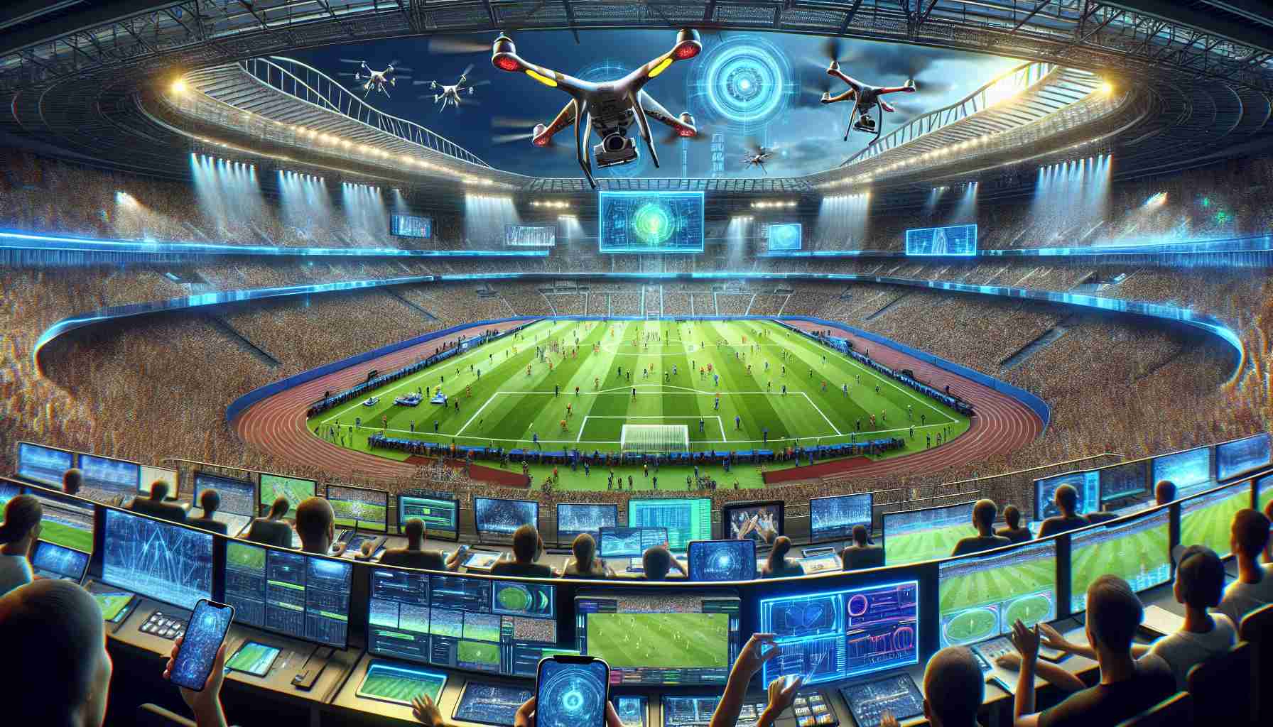 A detailed, high-definition image capturing cutting-edge technologies being used to enhance the experience of a large international sporting event. Picture a vast stadium filled with enthusiastic spectators. On the field, athletes compete fiercely, their performances tracked by advanced tech such as drones and high-speed cameras. In the crowd, people use mobile devices with innovative apps for real-time stats and vibrant, augmented reality experiences. An impressive broadcast control room showcases screens streaming multiple events simultaneously, operators navigating complex software with radar-like precision. Note: No direct references to specific organizations or events, just a general representation.