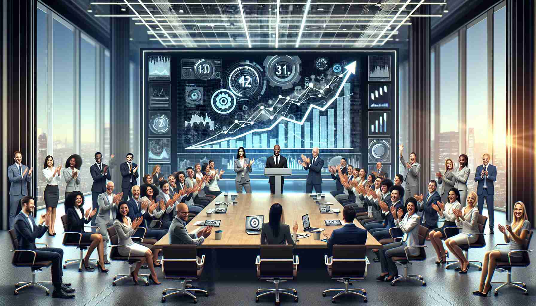 Create a realistic HD image depicting the scene of an innovative tech company reporting record profits. The setting should include a large high-tech conference room filled with diverse team members - a blend of races and genders, including Caucasian, Hispanic, Black, Middle-Eastern, and South Asian individuals, both men and women. Visual elements to portray the record profits could include a large screen displaying rising graphs, excited expressions on employees' faces, hands clapping, and the atmosphere of celebration. Also, the tech company's logo (an abstract, geometric logo) should be subtly placed in the background.