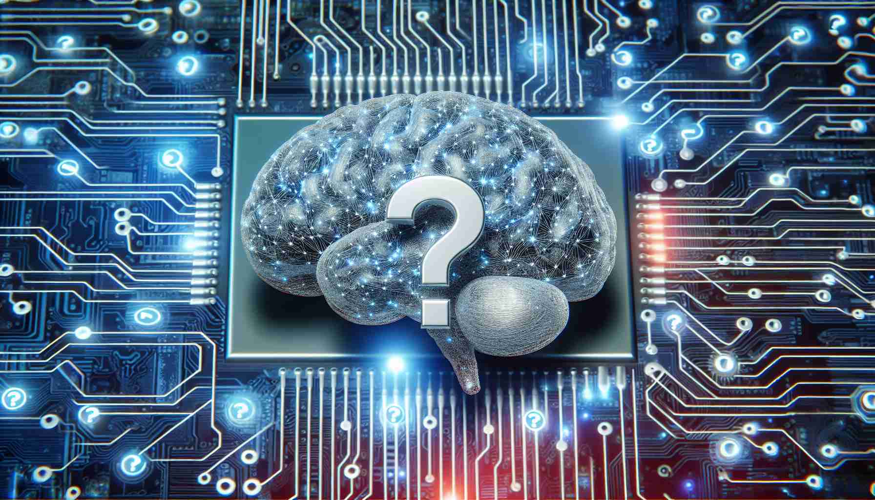 Create a high-definition, realistic image representing the future of AI research and development, faced with uncertainty due to recent unidentified events. This might be depicted as a three-dimensional digital AI brain model floating above a set of complex circuit diagrams, with an overlay of question marks and other symbols indicating confusion or uncertainty.