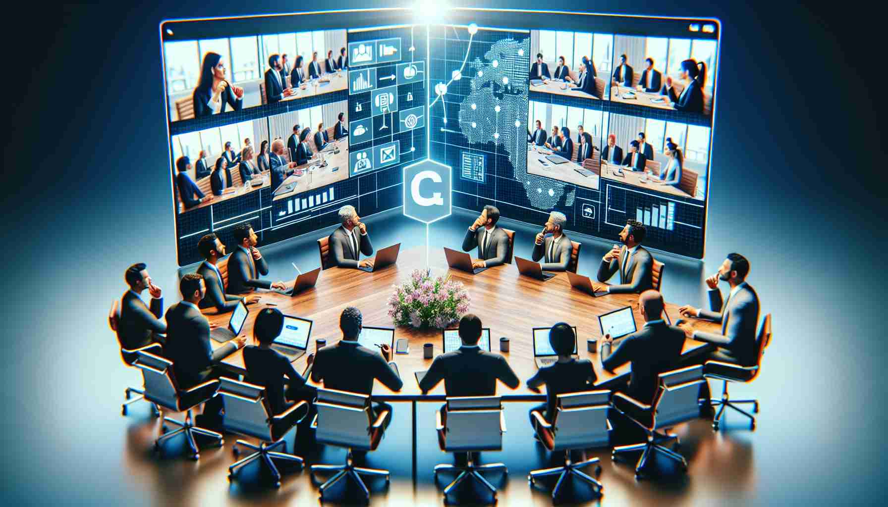 Generate a photorealistic image in high-definition of a modern virtual meeting in progress. The scene should feature multiple participants engaging in a discussion through their digital screens. One of the features central to this meeting should be a cutting-edge note-taking tool. This tool could be depicted as split-screen software, showing live video feeds on one side and digital sticky notes or AI-generated minutes of the meeting on the other side.