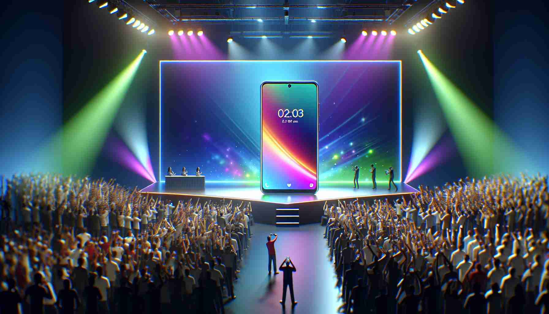 Render an ultra-high definition, realistic image depicting a generic technology company unveiling their latest cutting-edge smartphone at a yearly event. Highlight key elements such as the enthusiastic crowd, the stage with a large screen displaying the features of the new phone, bright colorful lighting, and the smartphone itself showing an advanced design.