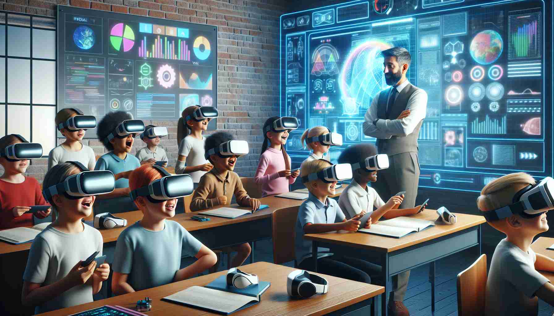 High definition, realistic image showing the rise of virtual reality in education. The image includes a scene with various pieces of VR technology. Picture a classroom setting with children of diverse descents and genders eagerly engaging with VR headsets and devices. The kids are amazed and delighted, their faces lit up with fascination. Next to them, a teacher, possibly of Middle-Eastern descent and male, observing their educational progress keenly on a digital screen displaying interactive data. This scene represents the futuristic direction of learning and the immense potential of technology in modern education.