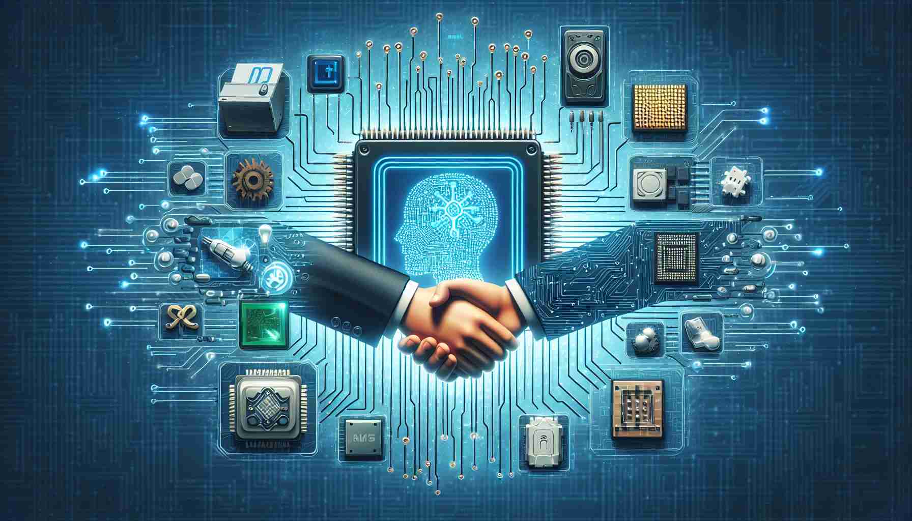 A realistic high-definition illustration showing an abstract depiction of a merger between two tech companies, namely a microprocessor manufacturer and a systems organization. The illustration could include elements like logos, a handshake symbolizing the merger, and the AI market represented by various artificial intelligence icons such as neural networks, robots, and chips.