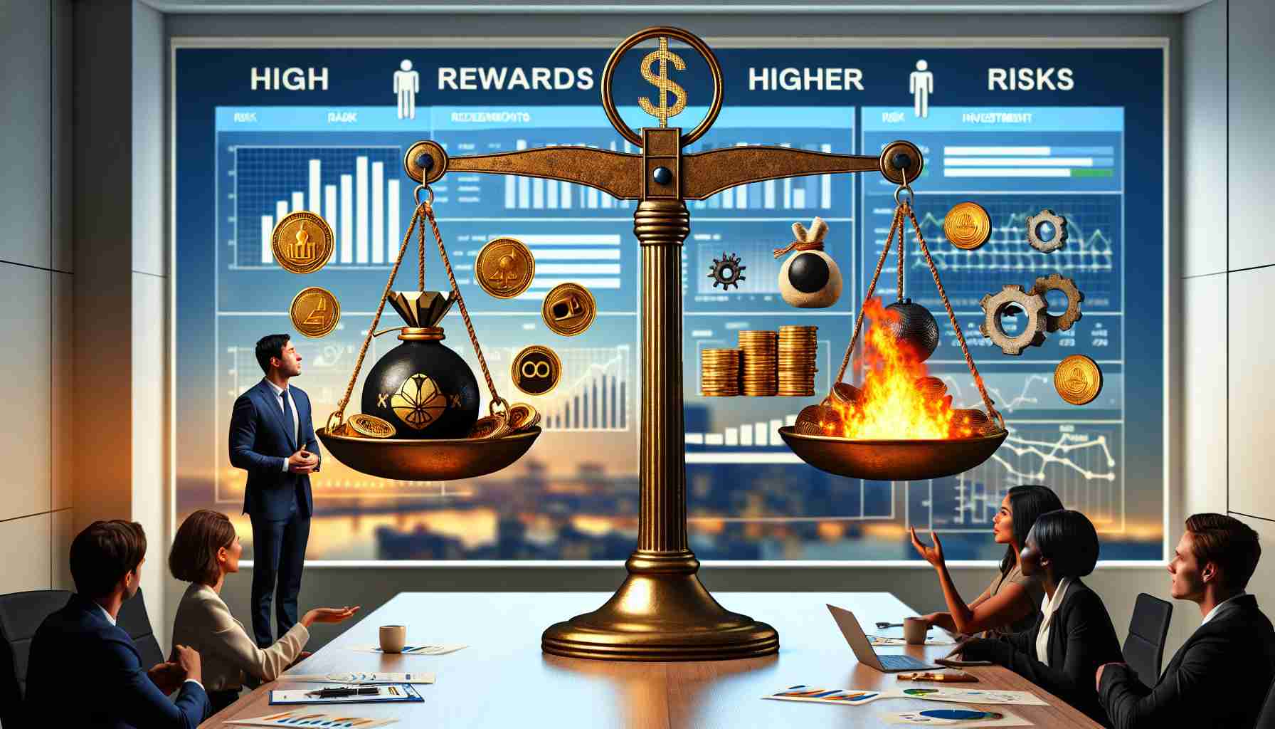 High-definition realistic image capturing the essence of investing in AI startups depicting a balance scale. On one side, visually represent 'High Rewards' with icons like gold coins, treasure chests, and diamonds. On the other side, indicate 'Higher Risks' with symbols like flaming hoops, ticking time bombs, and tightropes placed over chasms. The surrounding environment is an office setup with a Caucasian man in his 30s in formal wear seemingly making the decision and a Black woman in her 40s, also in formal attire, discussing potential revenue models. Also, include graphs and charts showcasing potential investment growth and risk factors on the background walls.