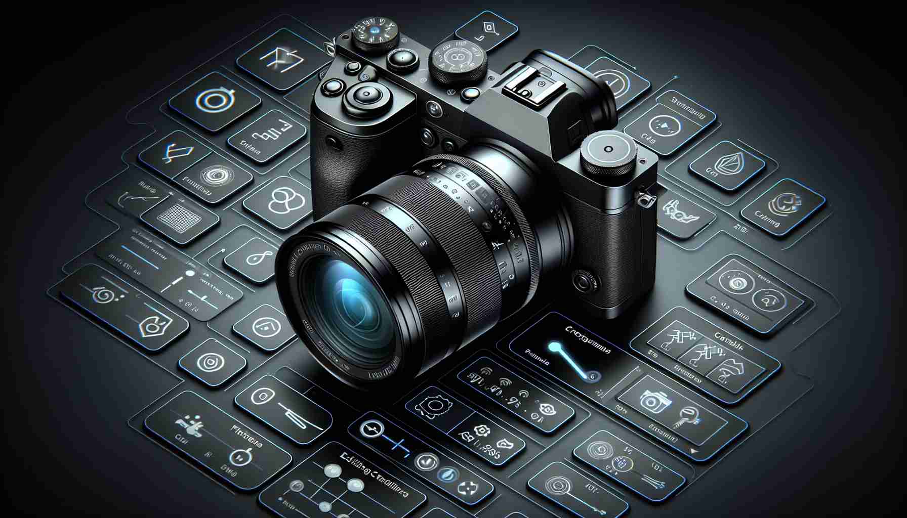 Produce a high-definition and photorealistic image displaying the cutting-edge editing features that have been revealed in the newest models of professional-grade, brand-unspecified digital cameras. The image should show a modern digital camera with multiple buttons, screen display indicating advanced settings and options, and perhaps icons showing editing options like filters, cropping, color adjustments.