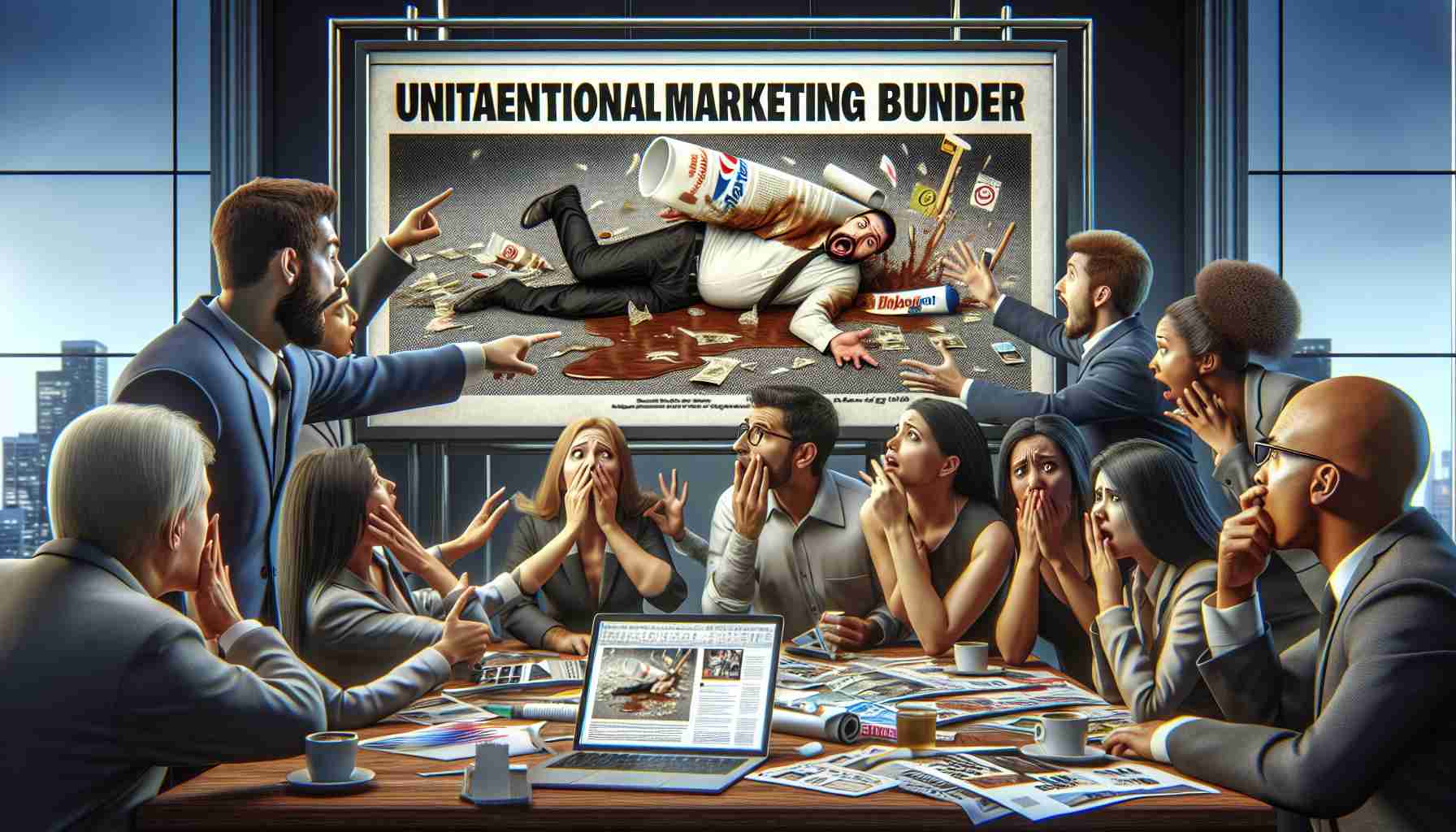 A highly detailed, realistic image illustrating an unintentional marketing blunder. The scene should capture the moment of realization among a diverse team of marketing professionals, exhibiting a mix of shock and disbelief. In the foreground, a Caucasian male points in horror towards a billboard with the disastrous ad, while a female Middle-Eastern team leader ponders the ad in disbelief. A South Asian female and a Black male member huddle around a computer screen with worried expressions. A marketing strategy gone awry is projected on a screen in the background.