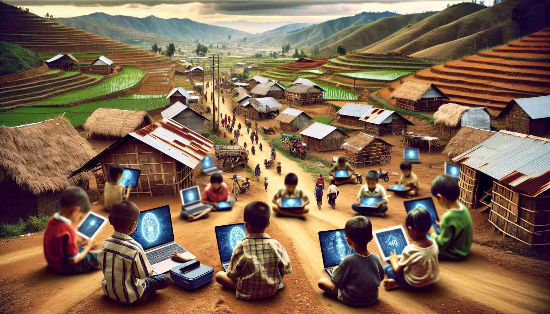 A detailed, high-definition photo illustrating the impact of artificial intelligence on education in rural communities. Show children of diverse descent: Asian, Hispanic, Middle-Eastern, South Asian, and Caucasian, utilizing AI devices for learning. Depict the rural setting with farmlands, rustic huts, and dirt roads. Display portable computers, tablets, and smartphones with educational software in the foreground. The image should capture the essence of advancements in technology aiding in education in distant, remote areas.