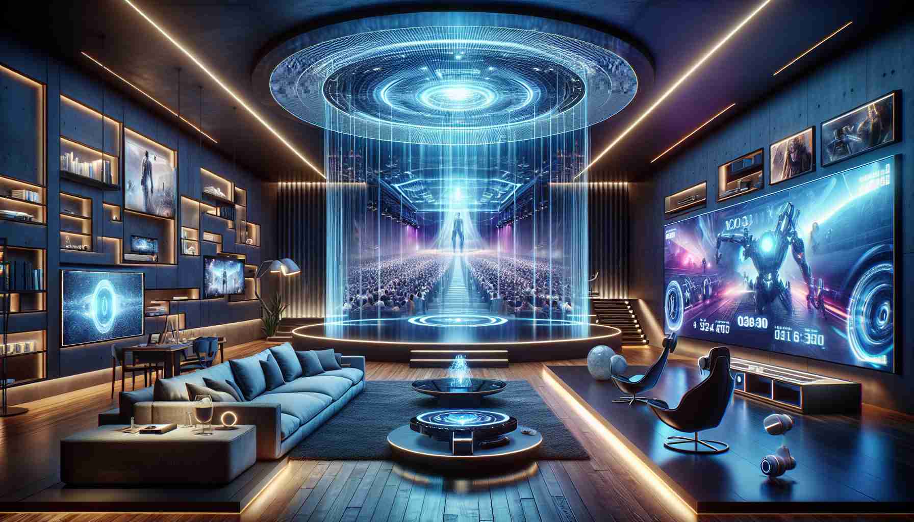 Imagine a futuristic concept for home entertainment. Picture a large, transparent, high-definition holographic screen suspended from the ceiling. It displays a vivid 3D movie while an advanced surround sound system brings the cinematic environment to life. Lights in the room adjust according to the scenes on the screen. On one side of the room, a high-end gaming station with immersive virtual reality equipment awaits its next use. Comfortable state-of-the-art smart furniture is arranged in living room, with features like automatic control, temperature adjustment, and built-in massagers. This room represents the future of home entertainment in high-definition.