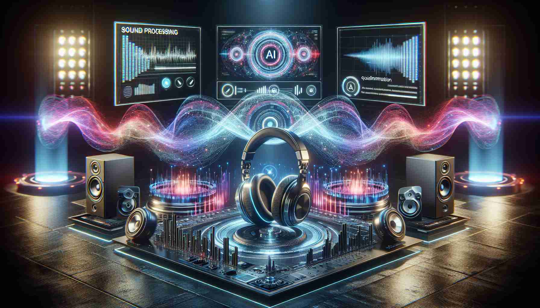 An image showcasing revolutionary audio technology enhanced by advanced AI algorithms. The scene includes futuristic audio devices like sleek headphones and cutting-edge surround sound systems with visible waveforms symbolizing the AI algorithms at work. The technology is enveloped in an aura of innovation and hi-tech sophistication. On a large screen in the background, text visualizations about sound processing, equalization, and noise cancellation can be seen. Sound waves are flowing seamlessly between the devices, demonstrating the intricate dynamism of this groundbreaking tech revolution.