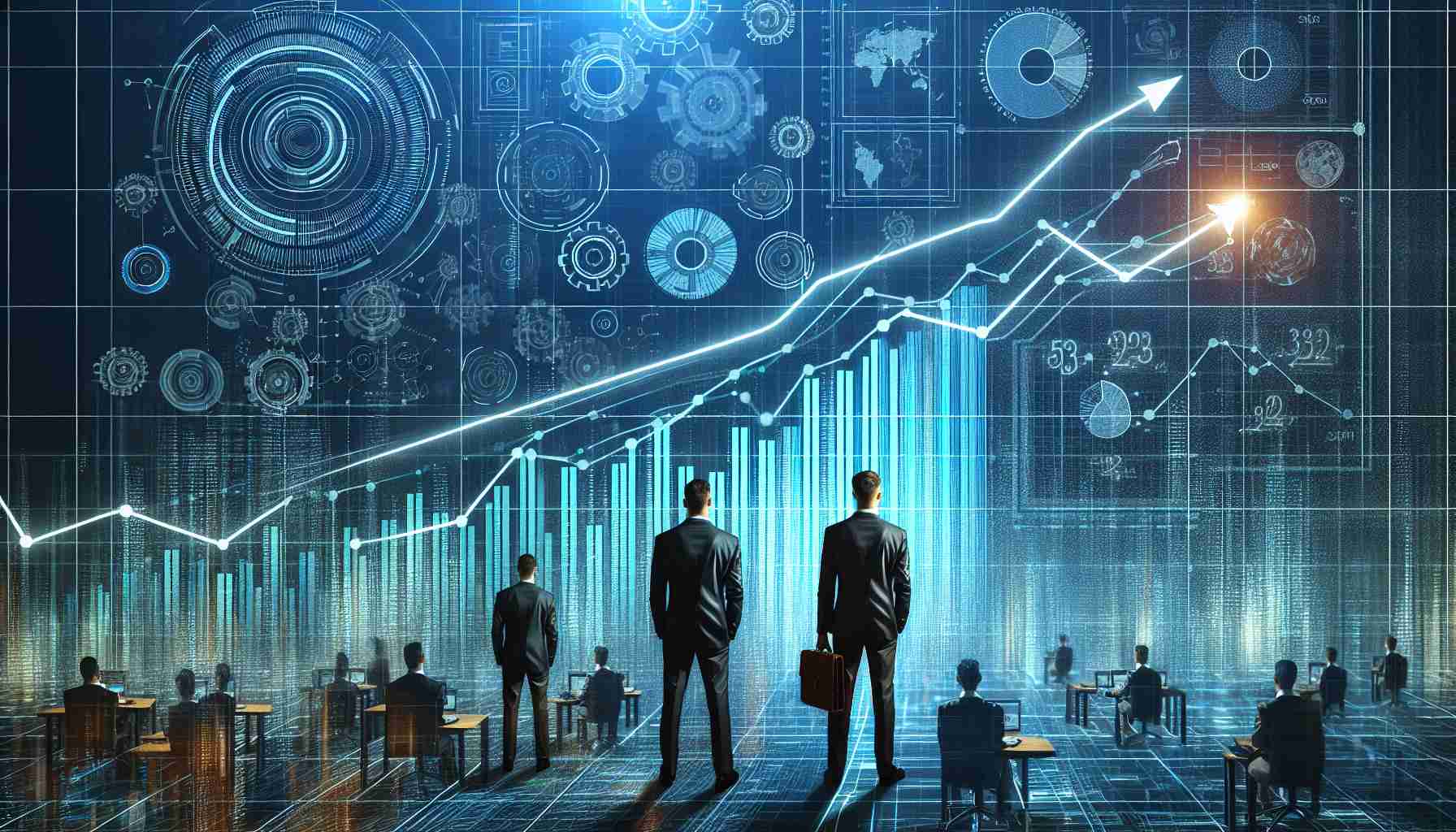 Generate a high-definition, realistic image representing the unprecedented growth of a hypothetical technology company across various business divisions. This can be visualized through a graph showing an upward trajectory or an illustration of divisional departments expanding in size and productivity. Please do not include any logos or branding.