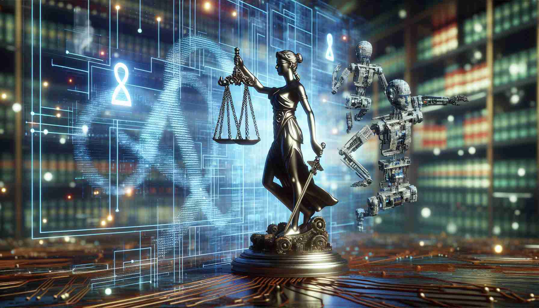 A high-definition, realistic image representing the concept of 'Ensuring Accountability in the Age of Artificial Intelligence'. It could depict a scaled justice standing in a futuristic setting with artificial intelligence elements like robots or computer code streams, demonstrating the balance in legal responsibility. The picture should embody nuances of technology and law co-existing harmoniously, highlighting the ethos of monitoring and accountability in the world of AI.