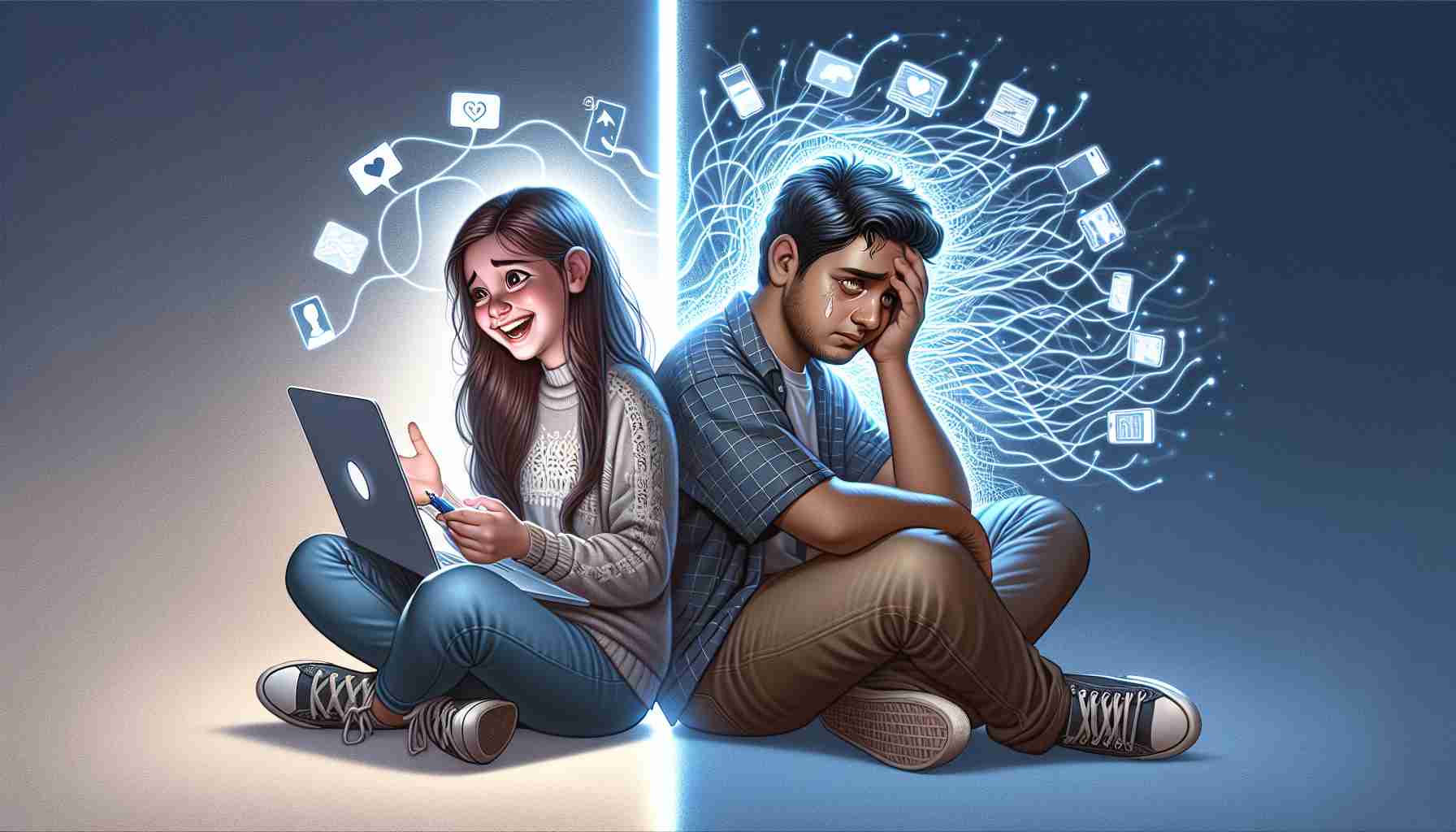 A realistic HD illustration showing the effect of online interaction on the mental health of teens. The image should visually represent two contrasting scenarios. On one hand, a South Asian teenage girl appears happy, engaged, and enlightened from the educational and beneficial content found online. On the other hand, a Caucasian teenage boy looks distressed and overwhelmed, symbolising the negative impact of too much online interaction and exposure to inappropriate content. Both are symbolically connected by a digital thread, representing the internet. Their expressions and surroundings should give a clear depiction of their mental states.