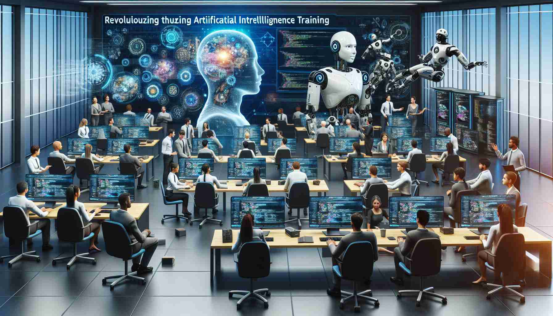 A high-definition realistic image depicting the concept of revolutionizing Artificial Intelligence training through specialized human expertise. Show humans from various descents like Caucasian, Hispanic, Black, Middle-Eastern, South Asian, working together in a state of the art training facility. Include diverse elements like computers, coding scripts, robotic models, artificial neural networks depicted on digital screens, and humans engaged in discussion and study. Connote a sense of forward-thinking, innovation, and expert knowledge.